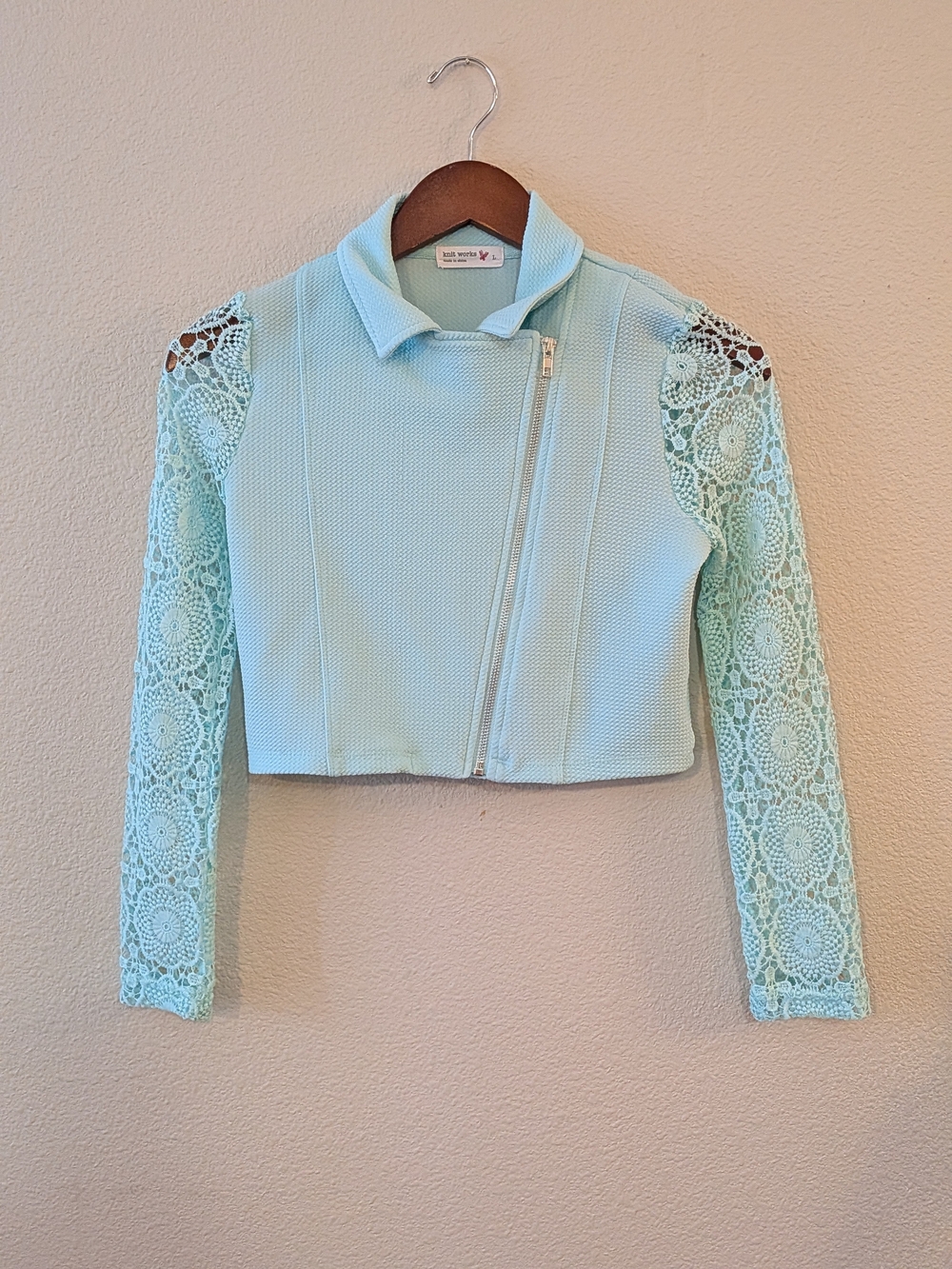 Knitworks Mint Lace-Sleeve Cropped Moto Zipper Jacket
